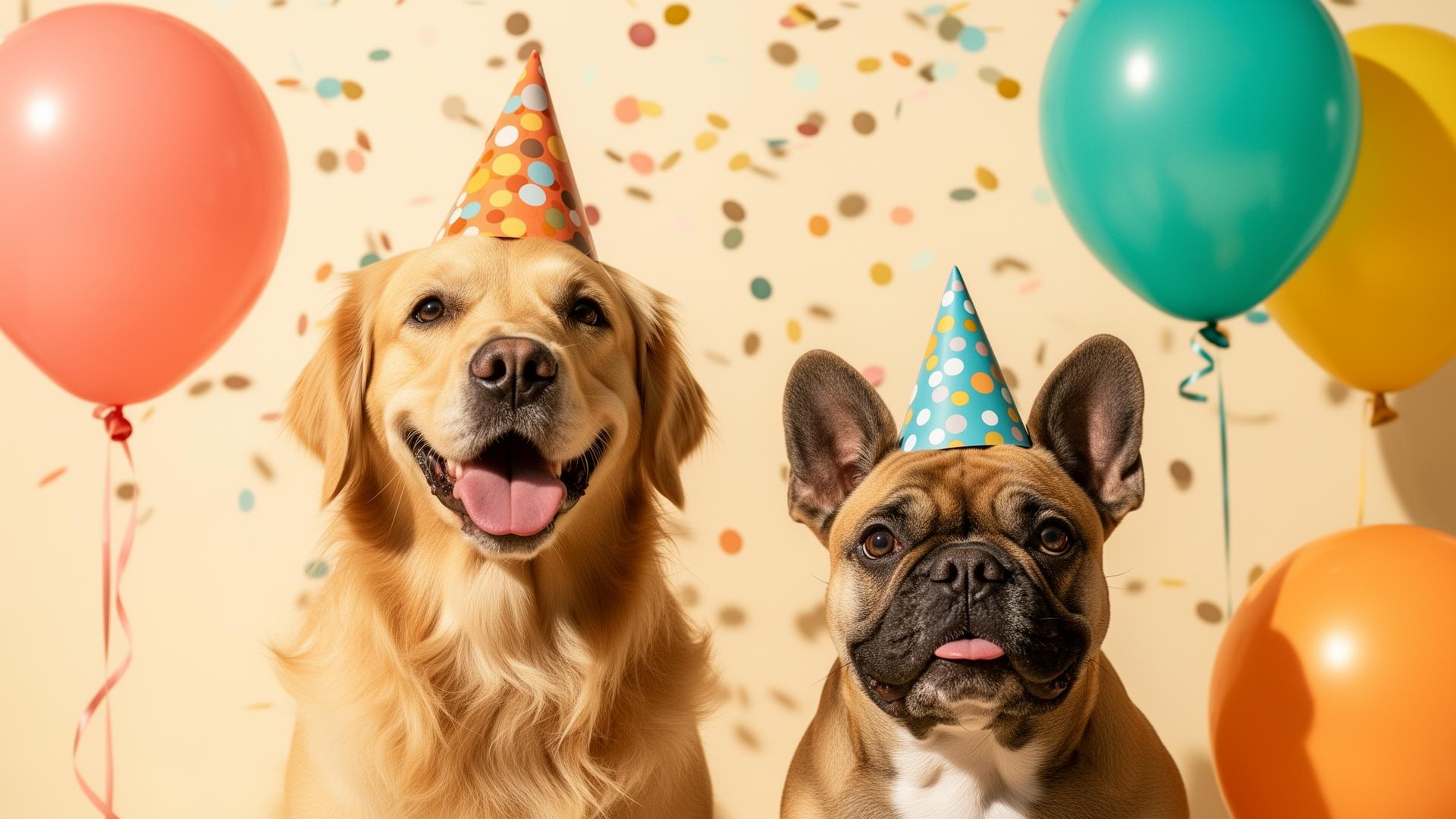 Two happy dogs wearing party hats with confetti and balloons